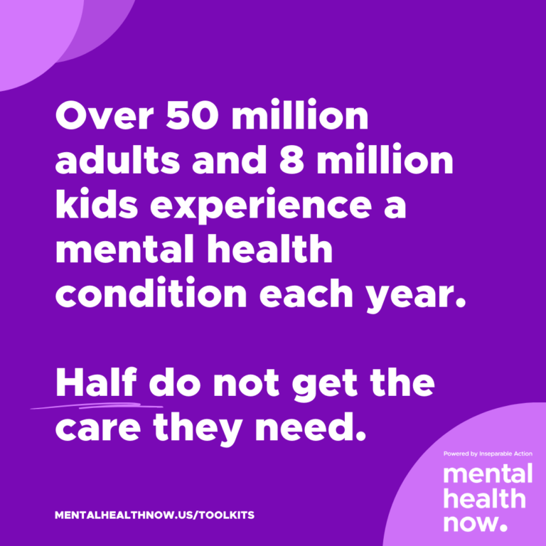 50 million adults and over 8 million kids experience a mental health condition each year. Half do not get the care they need.