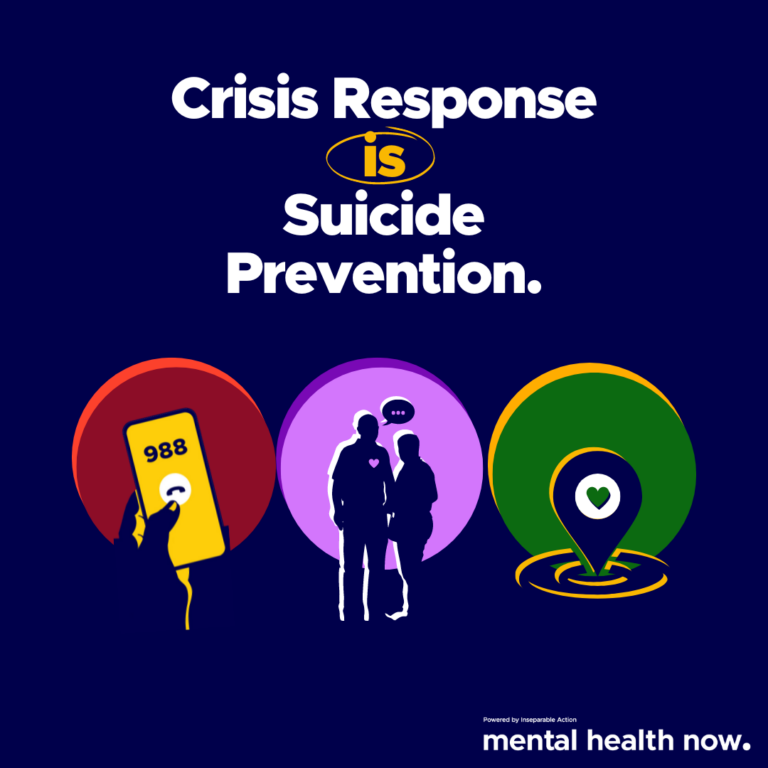 Text: Crisis Response is Suicide Prevention. Powered by Inseparable Action mental health now. Graphic: Three illustrations, An icon that has a cellphone and a hand illustration calling 988, another Illustration of two people talking. One person has a heart icon on their chest and the last icon shows a GPS location pin icon with a heart inside of it.