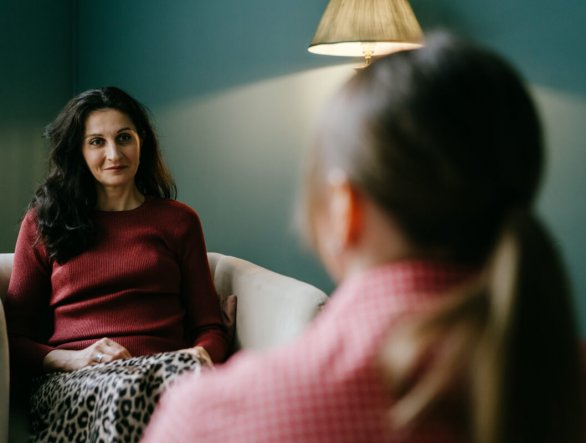 Two women in armchairs are sitting and talking. Woman psychologist practicing with patient women. Coach session between girlfriends. Therapist's gestures. Female talking in the office